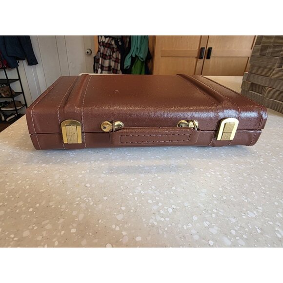 Vintage 1970's Backgammon Suitcase Board Game Brown Tan Felt 15" Faux Leather - Picture 7 of 11
